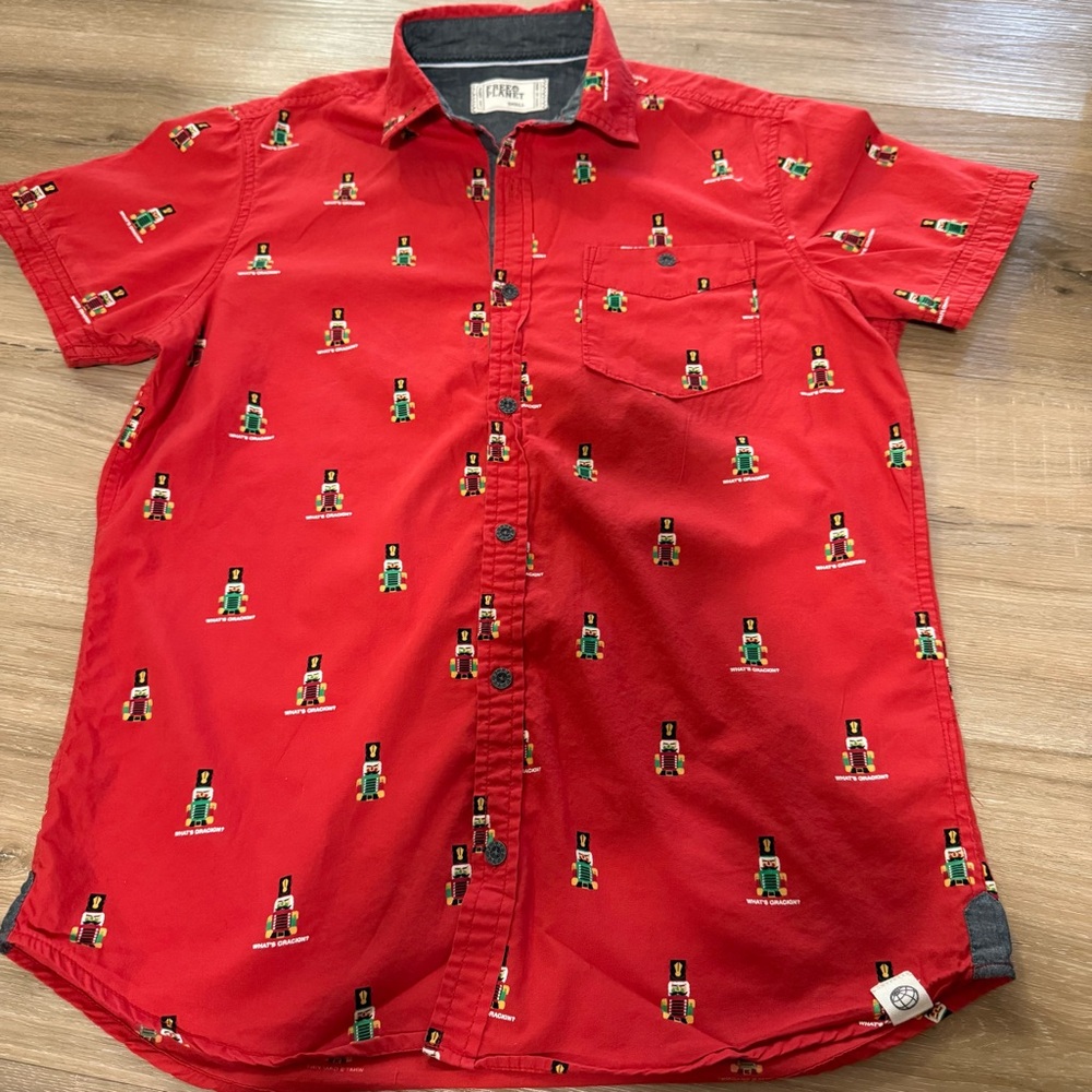 Free Planet Men's Shirt Nutcracker Red Button Down Short Sleeve What’s Crackin